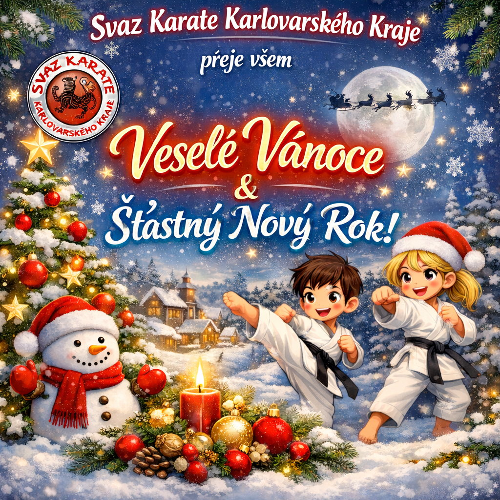 Svaz karate Karlovarského kraje přeje všem sportovcům, trenérům, rozhodčím, funkcionářům, rodičům i příznivcům karate krásné a klidné Vánoce, plné pohody, zdraví a radosti v kruhu nejbližších.

Do nového roku 2026 přejeme hodně zdraví, osobních i sportovních úspěchů, silnou motivaci, fair play ducha a mnoho radosti z karate – na tatami i mimo něj.

Děkujeme za vaši podporu a těšíme se na další společnou sezónu.
🥋✨ Veselé Vánoce a šťastný nový rok 2026! ✨🥋